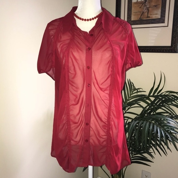 Worthington Tops - Worthington Sheer Red Gathered Poly Short Cap Sleeve Top 2X Plus Size